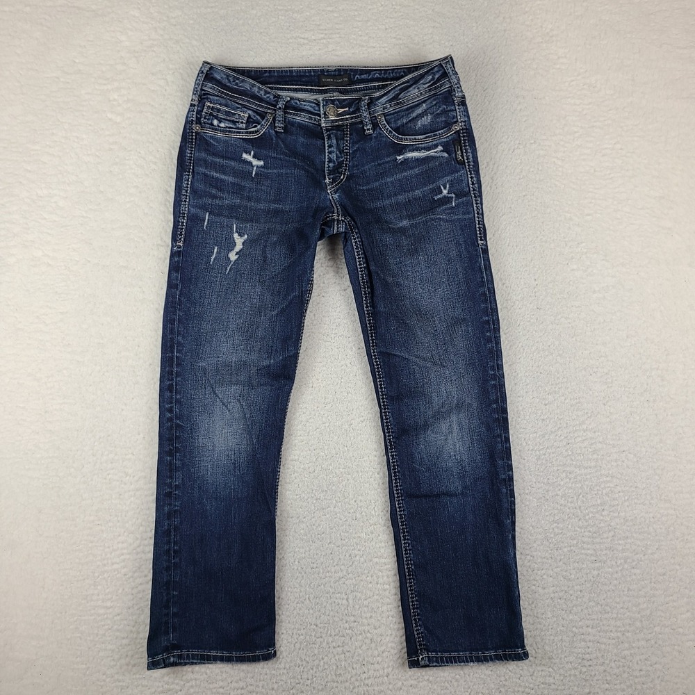 Silver Jeans Womens 29x22.5 Blue Suki Capri Distress Dark Wash Denim